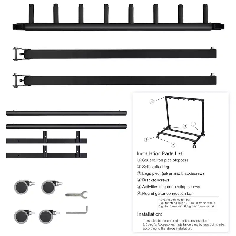 Supporto multiplo per chitarre con ruote, 7 posti, pieghevole, con imbottitura in gomma antiscivolo, per casa, band, palco