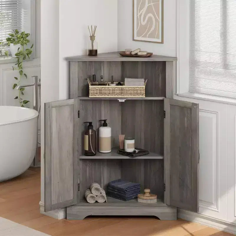 Dcolora Mobile Angolare per Bagno, Mobiletto Angolare da Terra Stile Rustico con Porta Scorrevole a Fienile e Ripiano Regolabile
