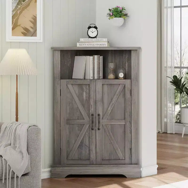 Dcolora Mobile Angolare per Bagno, Mobiletto Angolare da Terra Stile Rustico con Porta Scorrevole a Fienile e Ripiano Regolabile