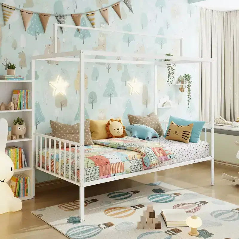 Polibi Letto a terra Montessori convertibile 3-in-1 in metallo con sponde protettive e struttura a baldacchino