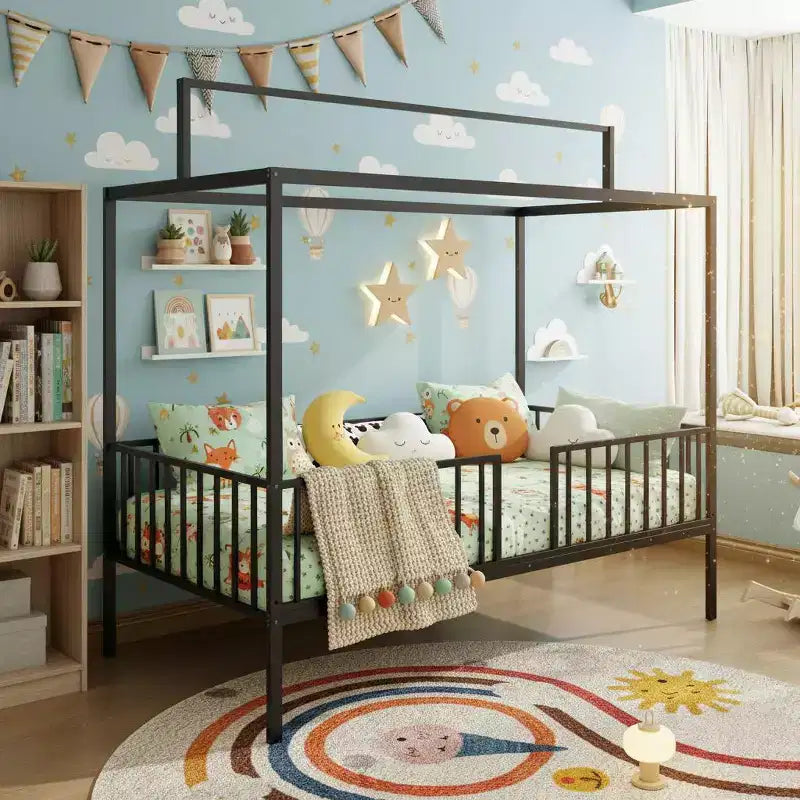 Polibi Letto a terra Montessori convertibile 3-in-1 in metallo con sponde protettive e struttura a baldacchino
