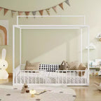 Letto a piattaforma Montessori in metallo convertibile 3-in-1, dimensioni Twin/Full, con recinzione per bambini, con tettuccio - ModernLuxe