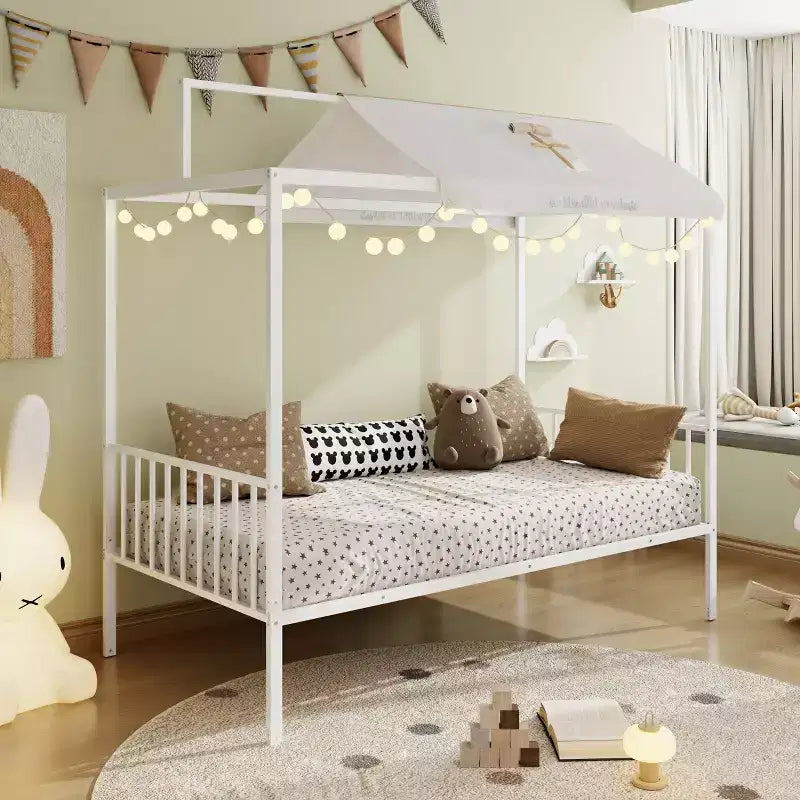 Letto a piattaforma Montessori in metallo convertibile 3-in-1, dimensioni Twin/Full, con recinzione per bambini, con tettuccio - ModernLuxe