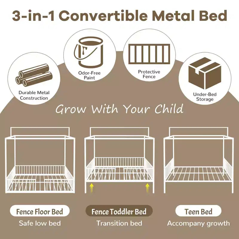 Letto a piattaforma Montessori in metallo convertibile 3-in-1, dimensioni Twin/Full, con recinzione per bambini, con tettuccio - ModernLuxe