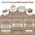 Letto a piattaforma Montessori in metallo convertibile 3-in-1, dimensioni Twin/Full, con recinzione per bambini, con tettuccio - ModernLuxe