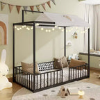 Letto a piattaforma Montessori in metallo convertibile 3-in-1, dimensioni Twin/Full, con recinzione per bambini, con tettuccio - ModernLuxe