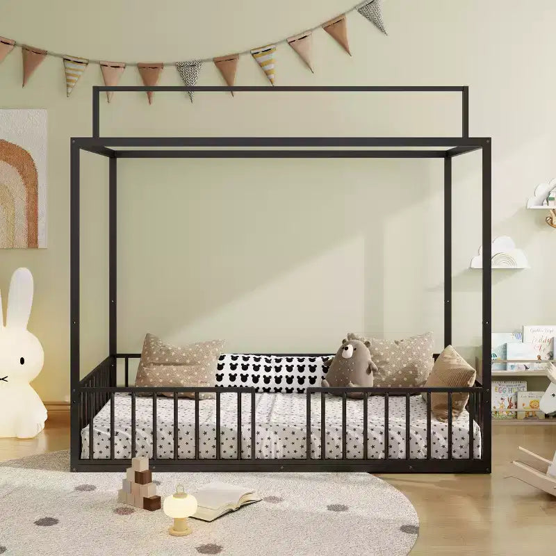 Letto a piattaforma Montessori in metallo convertibile 3-in-1, dimensioni Twin/Full, con recinzione per bambini, con tettuccio - ModernLuxe