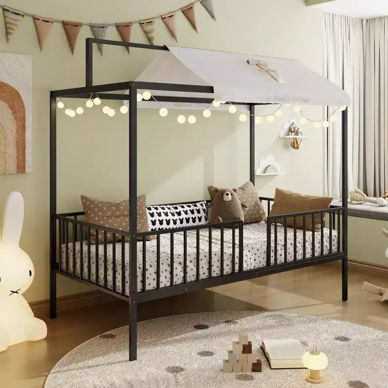 Letto a piattaforma Montessori in metallo convertibile 3-in-1, dimensioni Twin/Full, con recinzione per bambini, con tettuccio - ModernLuxe