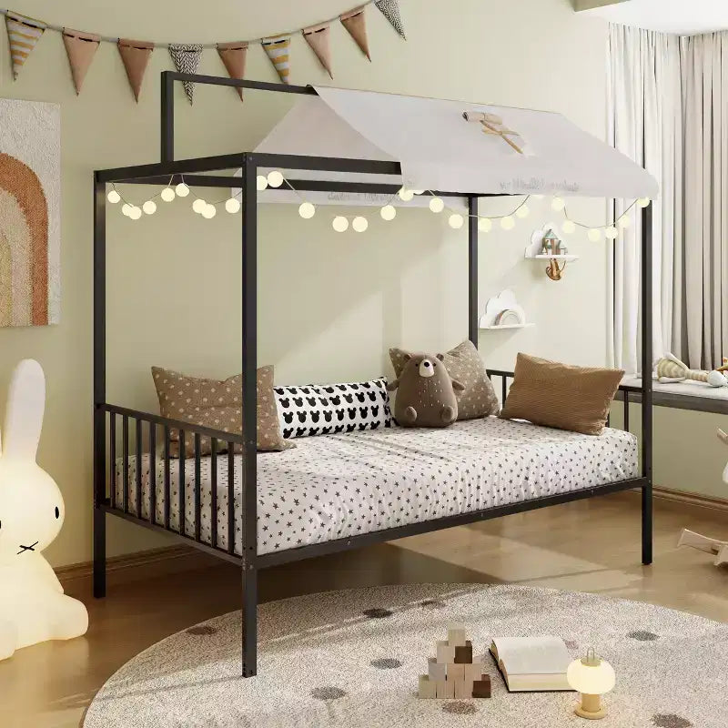 Letto a piattaforma Montessori in metallo convertibile 3-in-1, dimensioni Twin/Full, con recinzione per bambini, con tettuccio - ModernLuxe