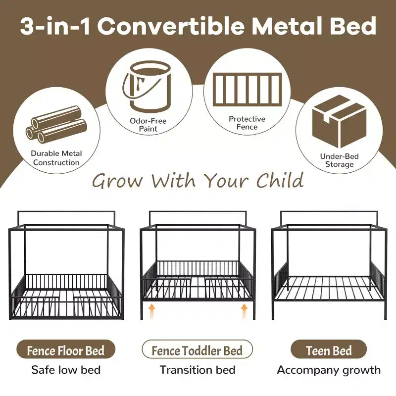 Letto a piattaforma Montessori in metallo convertibile 3-in-1, dimensioni Twin/Full, con recinzione per bambini, con tettuccio - ModernLuxe