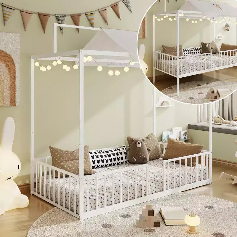 Letto a piattaforma Montessori in metallo convertibile 3-in-1, dimensioni Twin/Full, con recinzione per bambini, con tettuccio - ModernLuxe