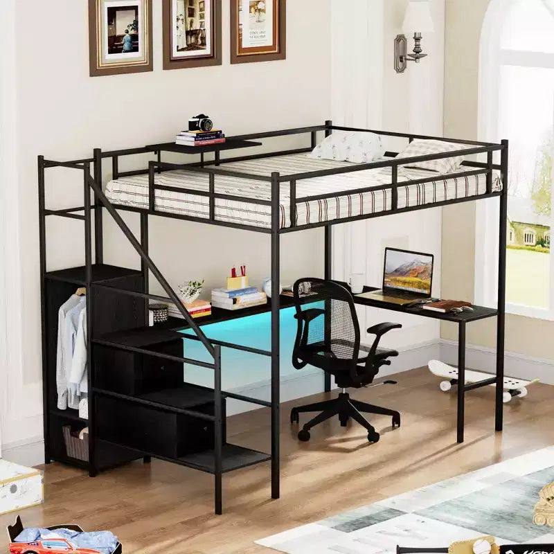 Okak Full Size Metal Loft Bed with L-shaped Desk, Bed Frames with Safety Rails, Ladder and Storage Shelves, Twin Bed for Bedroom, Kids Room, Black