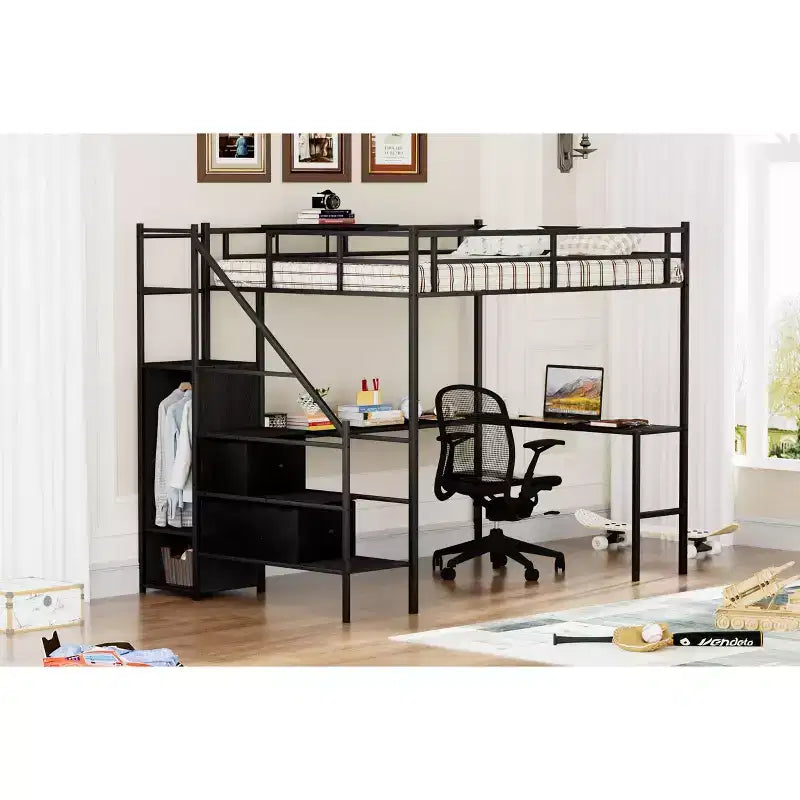 Okak Letto a soppalco in metallo full-size con scrivania a L, struttura letto con spondine di sicurezza, scaletta e mensole portaoggetti, letto singolo per camera da letto, camera dei bambini, nero