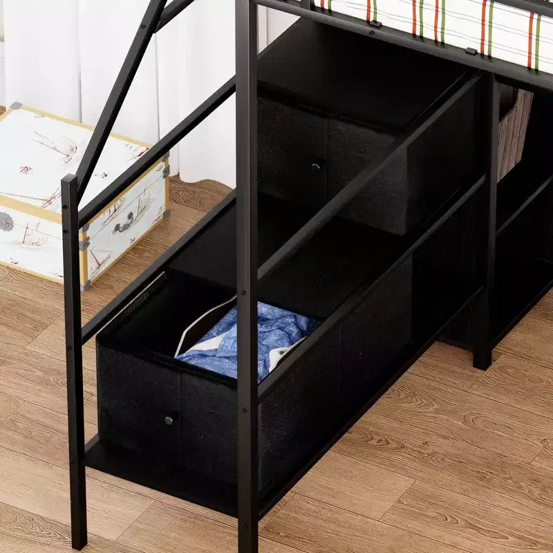 Okak Letto a soppalco in metallo full-size con scrivania a L, struttura letto con spondine di sicurezza, scaletta e mensole portaoggetti, letto singolo per camera da letto, camera dei bambini, nero