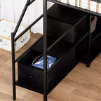 Okak Letto a soppalco in metallo full-size con scrivania a L, struttura letto con spondine di sicurezza, scaletta e mensole portaoggetti, letto singolo per camera da letto, camera dei bambini, nero