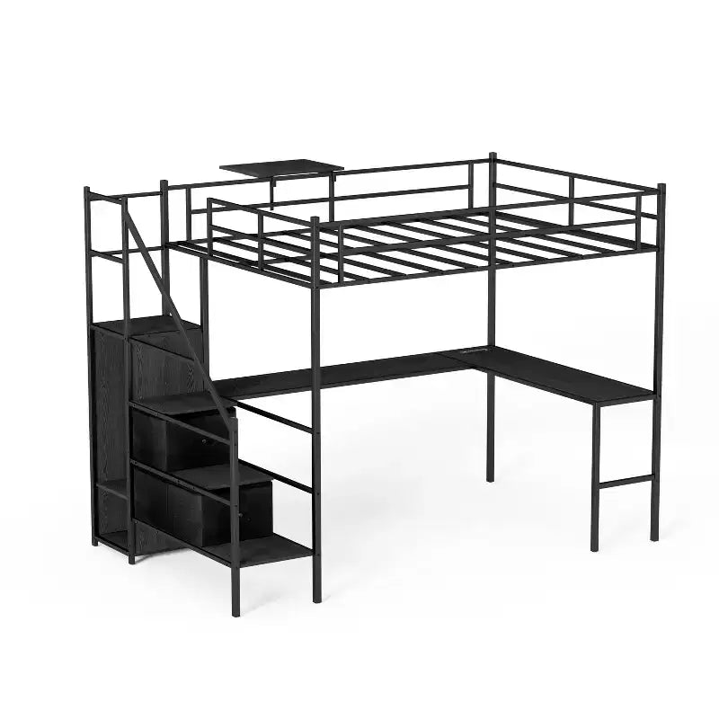 Okak Letto a soppalco in metallo full-size con scrivania a L, struttura letto con spondine di sicurezza, scaletta e mensole portaoggetti, letto singolo per camera da letto, camera dei bambini, nero