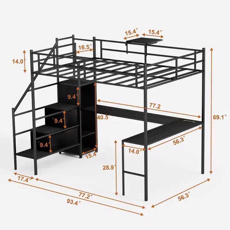 Okak Letto a soppalco in metallo full-size con scrivania a L, struttura letto con spondine di sicurezza, scaletta e mensole portaoggetti, letto singolo per camera da letto, camera dei bambini, nero