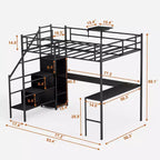 Okak Letto a soppalco in metallo full-size con scrivania a L, struttura letto con spondine di sicurezza, scaletta e mensole portaoggetti, letto singolo per camera da letto, camera dei bambini, nero