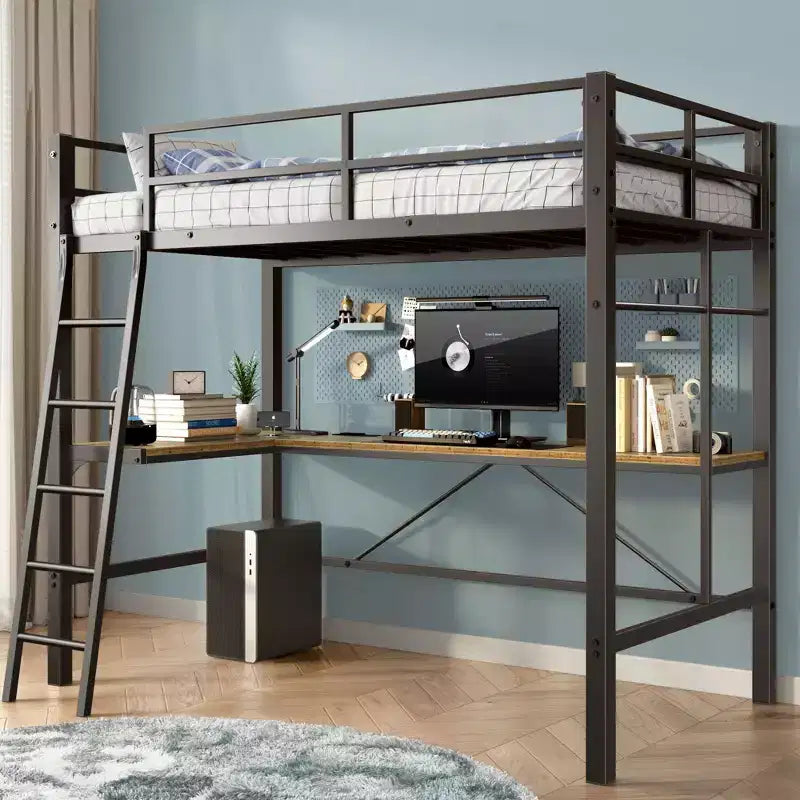 Letto a soppalco in metallo Okak con scrivania a L, design senza bisogno di rete a molle Letto singolo con sponde di sicurezza e scaletta, Strutture letto per soggiorno, camera da letto, Nero