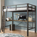 Letto a soppalco in metallo Okak con scrivania a L, design senza bisogno di rete a molle Letto singolo con sponde di sicurezza e scaletta, Strutture letto per soggiorno, camera da letto, Nero