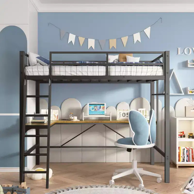 Letto a soppalco in metallo Okak con scrivania a L, design senza bisogno di rete a molle Letto singolo con sponde di sicurezza e scaletta, Strutture letto per soggiorno, camera da letto, Nero