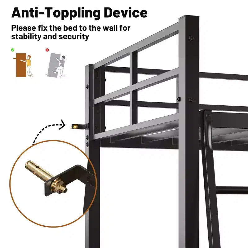 Letto a soppalco in metallo Okak con scrivania a L, design senza bisogno di rete a molle Letto singolo con sponde di sicurezza e scaletta, Strutture letto per soggiorno, camera da letto, Nero