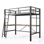 Letto a soppalco in metallo Okak con scrivania a L, design senza bisogno di rete a molle Letto singolo con sponde di sicurezza e scaletta, Strutture letto per soggiorno, camera da letto, Nero