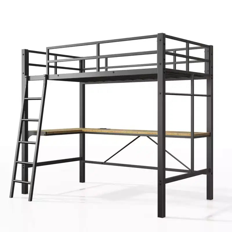 Letto a soppalco in metallo Okak con scrivania a L, design senza bisogno di rete a molle Letto singolo con sponde di sicurezza e scaletta, Strutture letto per soggiorno, camera da letto, Nero
