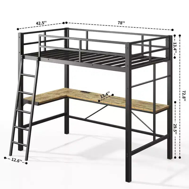 Letto a soppalco in metallo Okak con scrivania a L, design senza bisogno di rete a molle Letto singolo con sponde di sicurezza e scaletta, Strutture letto per soggiorno, camera da letto, Nero