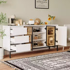 Mobile credenza da caffè da 63 pollici con contenitore, mobile buffet con 3 cassetti, isola cucina bianca stile fattoria con tavolo credenza a 2 ante in vetro per sala da pranzo e cucina