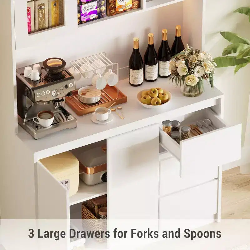 Dispensa da Cucina Alta 71" con Anta in Vetro, Mobile Contenitore da Cucina con Luci a LED e Prese di Corrente, Porta Microonde, Design Senza Maniglie