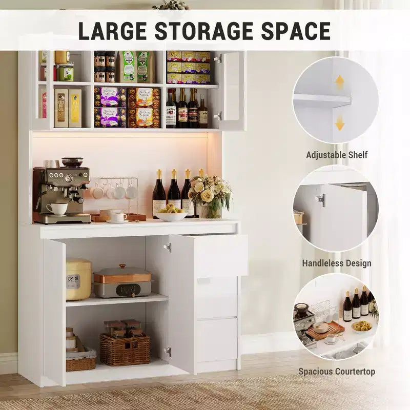 Dispensa da Cucina Alta 71" con Anta in Vetro, Mobile Contenitore da Cucina con Luci a LED e Prese di Corrente, Porta Microonde, Design Senza Maniglie
