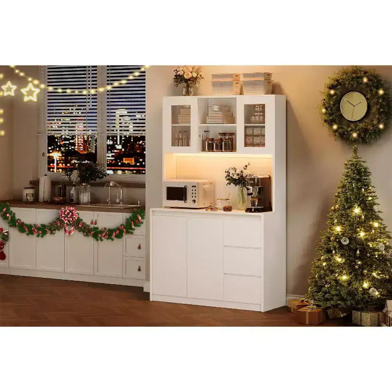 Dispensa da Cucina Alta 71" con Anta in Vetro, Mobile Contenitore da Cucina con Luci a LED e Prese di Corrente, Porta Microonde, Design Senza Maniglie