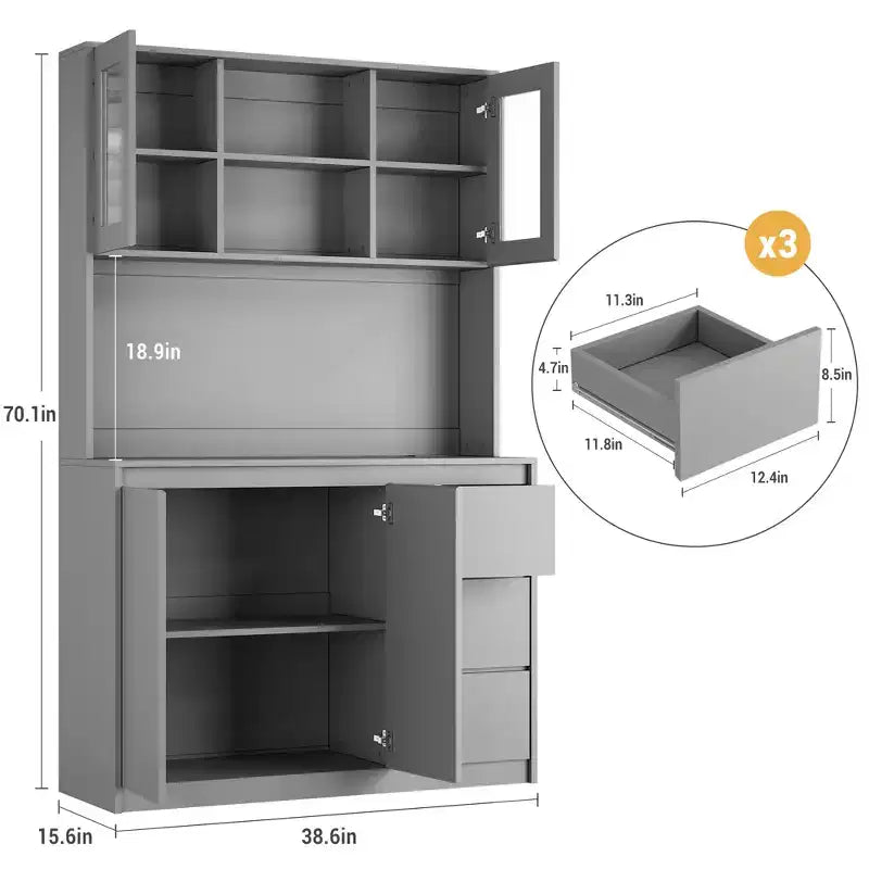 Dispensa da Cucina Alta 71" con Anta in Vetro, Mobile Contenitore da Cucina con Luci a LED e Prese di Corrente, Porta Microonde, Design Senza Maniglie