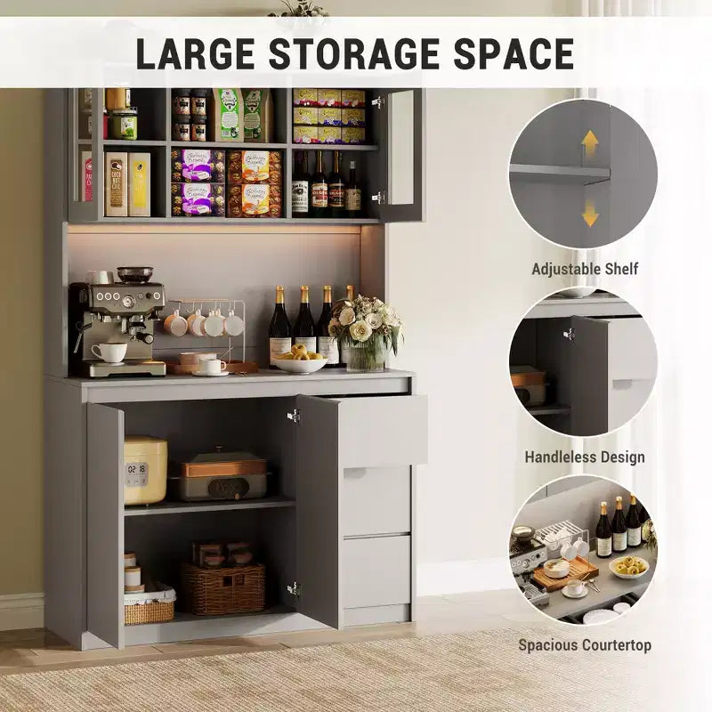 Dispensa da Cucina Alta 71" con Anta in Vetro, Mobile Contenitore da Cucina con Luci a LED e Prese di Corrente, Porta Microonde, Design Senza Maniglie