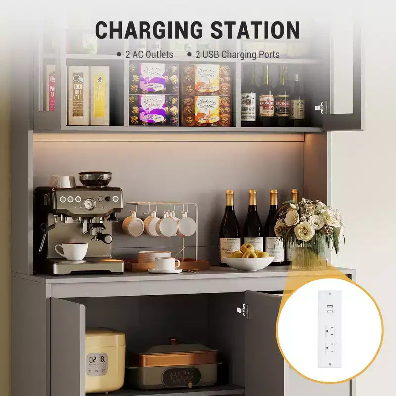 Dispensa da Cucina Alta 71" con Anta in Vetro, Mobile Contenitore da Cucina con Luci a LED e Prese di Corrente, Porta Microonde, Design Senza Maniglie