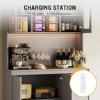Dispensa da Cucina Alta 71" con Anta in Vetro, Mobile Contenitore da Cucina con Luci a LED e Prese di Corrente, Porta Microonde, Design Senza Maniglie