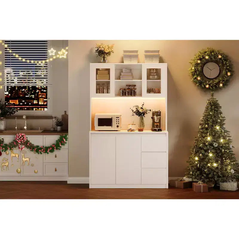 Dispensa da Cucina Alta 71" con Anta in Vetro, Mobile Contenitore da Cucina con Luci a LED e Prese di Corrente, Porta Microonde, Design Senza Maniglie