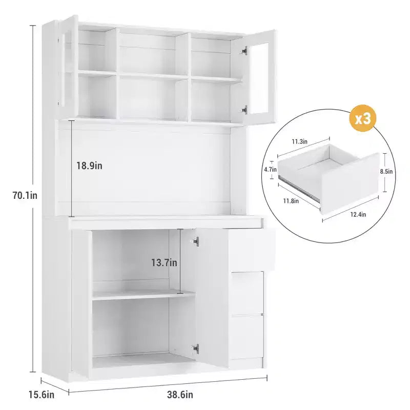 Dispensa da Cucina Alta 71" con Anta in Vetro, Mobile Contenitore da Cucina con Luci a LED e Prese di Corrente, Porta Microonde, Design Senza Maniglie