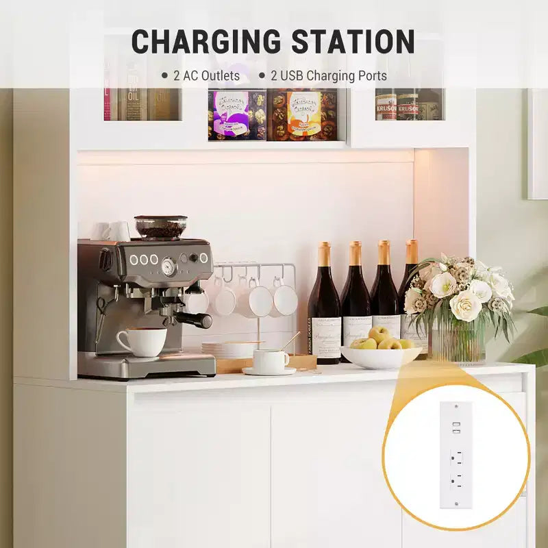 Dispensa da Cucina Alta 71" con Anta in Vetro, Mobile Contenitore da Cucina con Luci a LED e Prese di Corrente, Porta Microonde, Design Senza Maniglie
