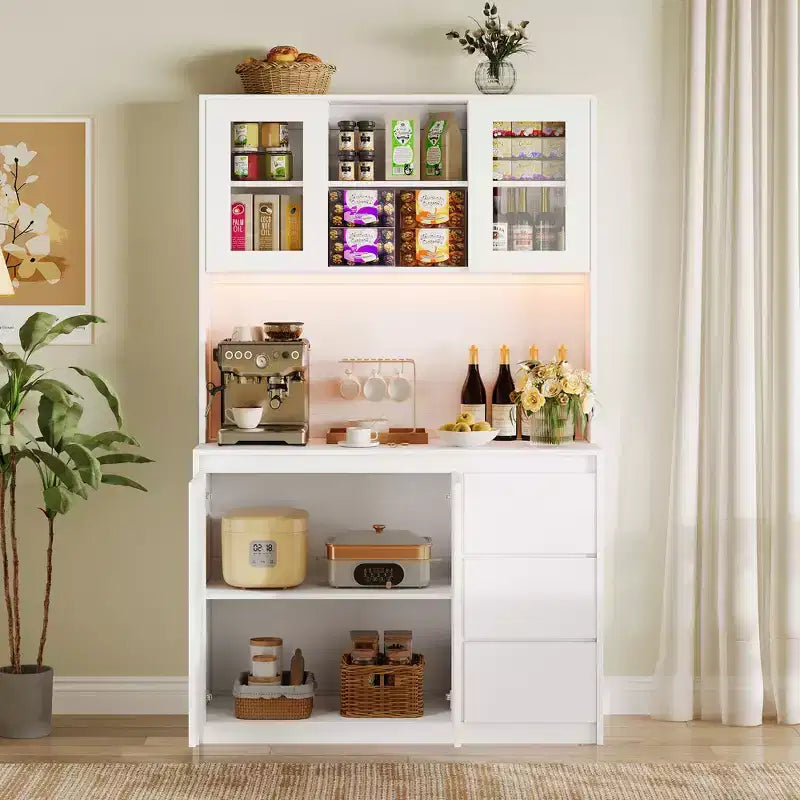 Dispensa da Cucina Alta 71" con Anta in Vetro, Mobile Contenitore da Cucina con Luci a LED e Prese di Corrente, Porta Microonde, Design Senza Maniglie