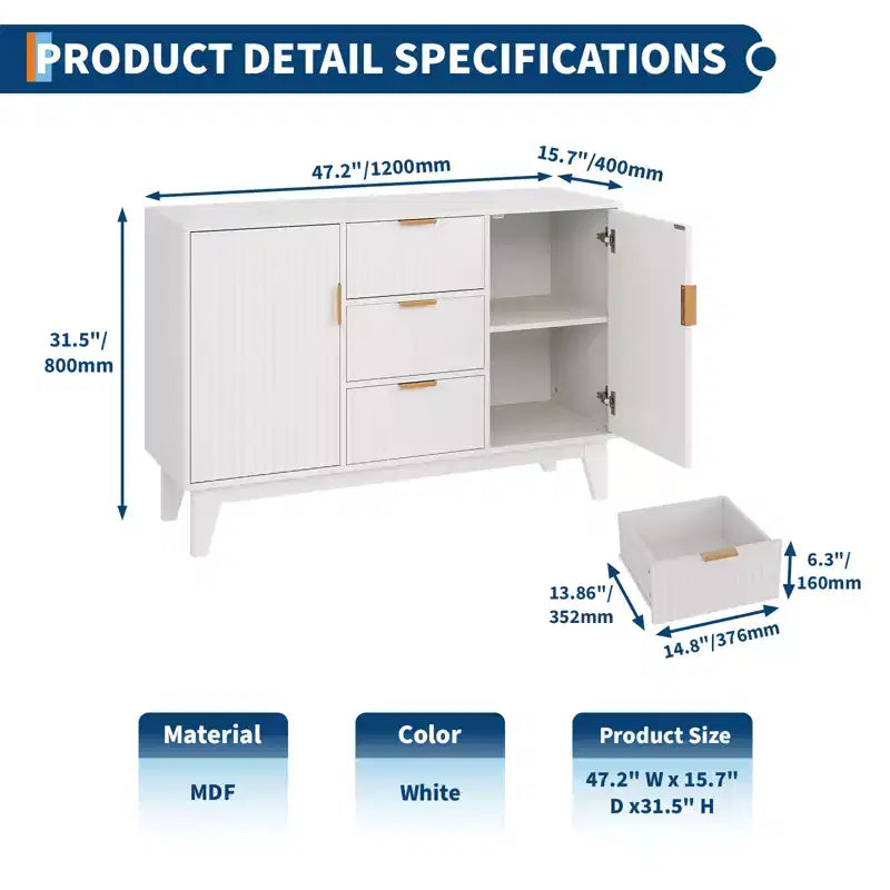CuisinSmart 47,2 Credenza Moderna con Scanalature, Armadietto Contenitore in Legno con 3 Cassetti, 2 Ante e Ripiani Regolabili per Soggiorno Cucina