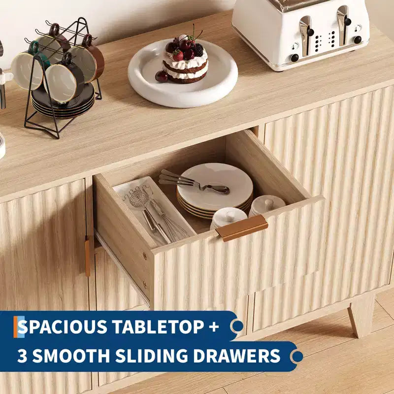CuisinSmart 47,2 Credenza Moderna con Scanalature, Armadietto Contenitore in Legno con 3 Cassetti, 2 Ante e Ripiani Regolabili per Soggiorno Cucina