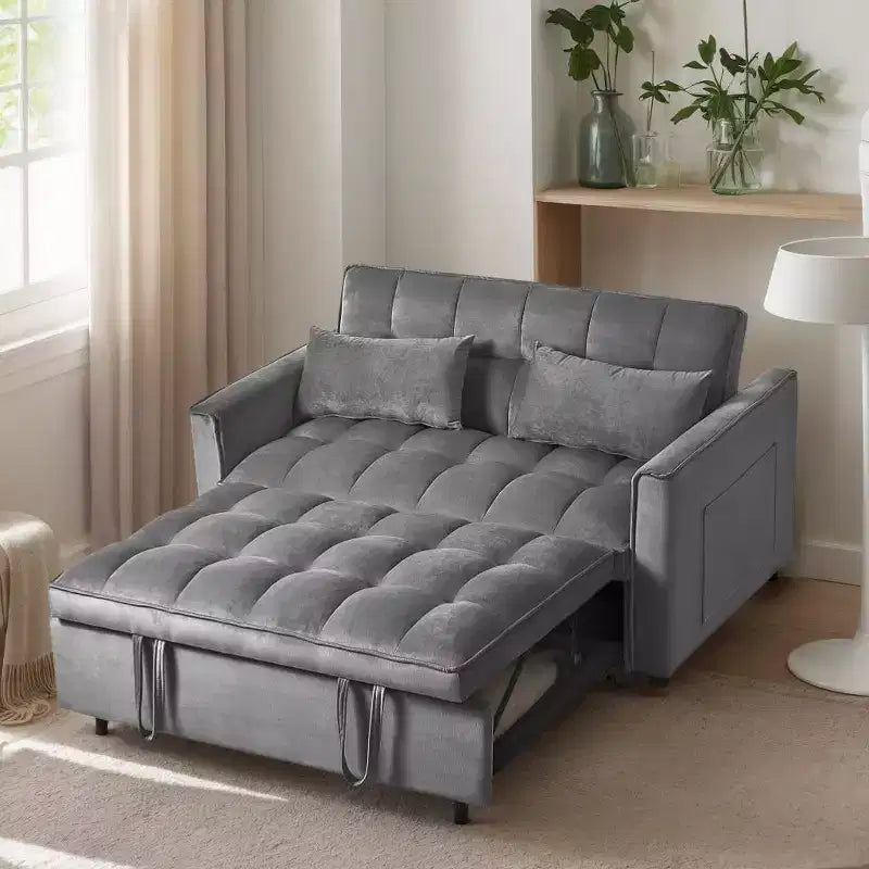 PexFix 3 in 1 Convertible Sleeper Sofa Bed Pull Out Couch Adjustable Backrest Velvet Loveseat Futon Sofa with Pillows for Living Room Dark Gray