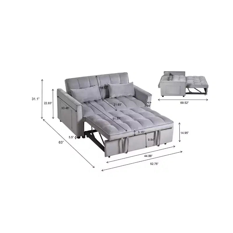 PexFix Divano Letto Trasformabile 3 in 1 Divano Estraibile Schienale Regolabile in Velluto con Cuscini per Soggiorno Appartamento Grigio