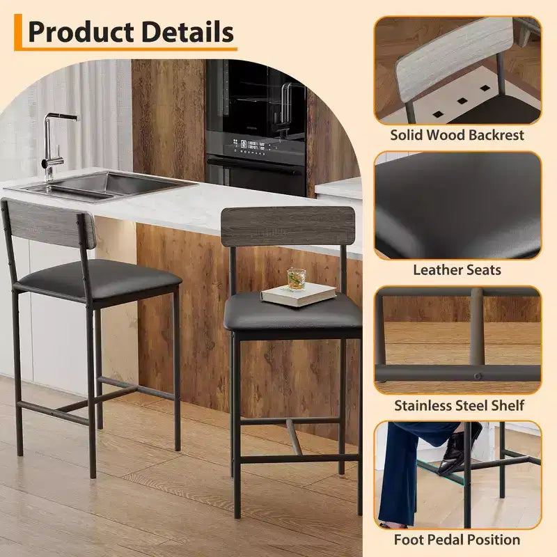 Set di 2 sgabelli da bar, sgabelli da bar da cucina con poggiapiedi, sedie da bar imbottite da 65 cm con schienale, 2 sgabelli da bancone ad altezza bancone per bancone bar