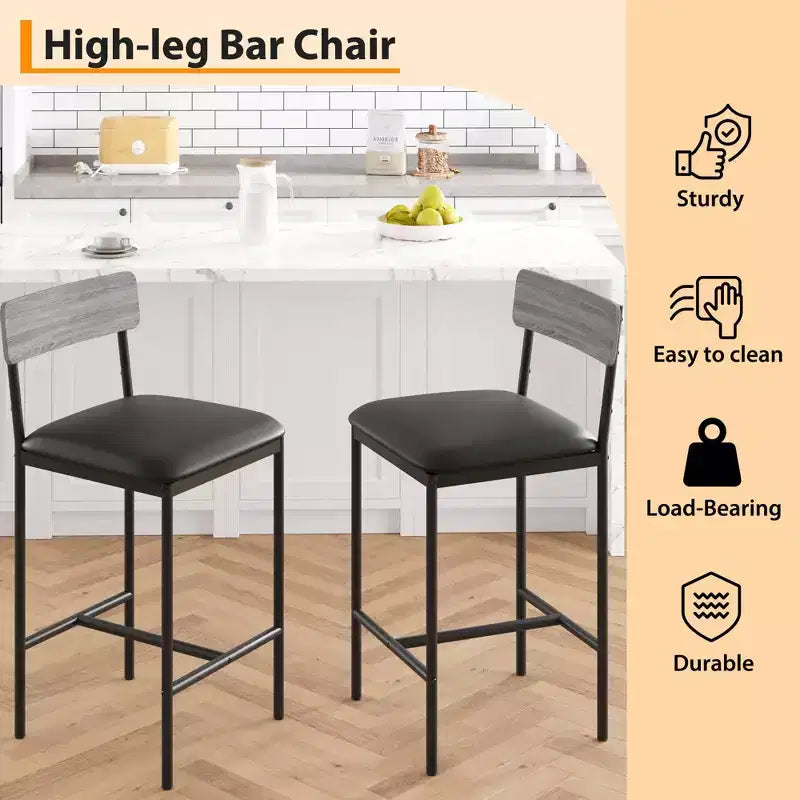 Set di 2 sgabelli da bar, sgabelli da bar da cucina con poggiapiedi, sedie da bar imbottite da 65 cm con schienale, 2 sgabelli da bancone ad altezza bancone per bancone bar