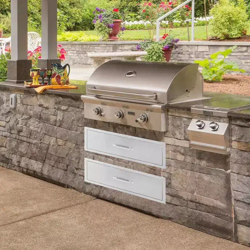 Cassetto per Cucina Esterna Acekool 30 L x 23 A x 10 P, Cassettiera a 2 Cassetti in Acciaio Inox da Incasso per Isola BBQ, Stazione Grill da Patio, Argento