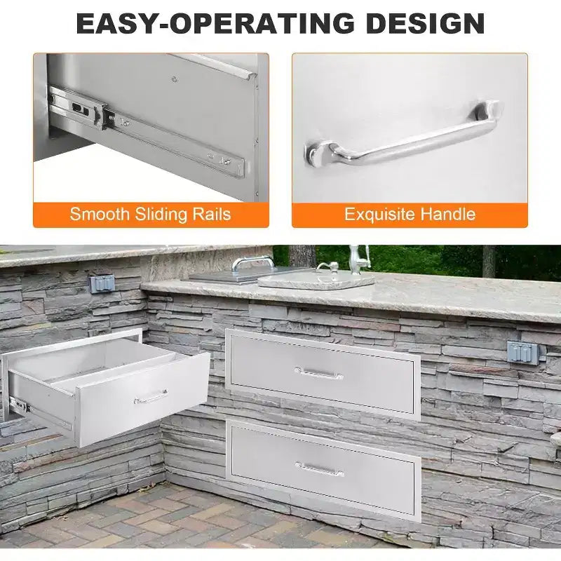 Cassetto per Cucina Esterna Acekool 30 L x 23 A x 10 P, Cassettiera a 2 Cassetti in Acciaio Inox da Incasso per Isola BBQ, Stazione Grill da Patio, Argento