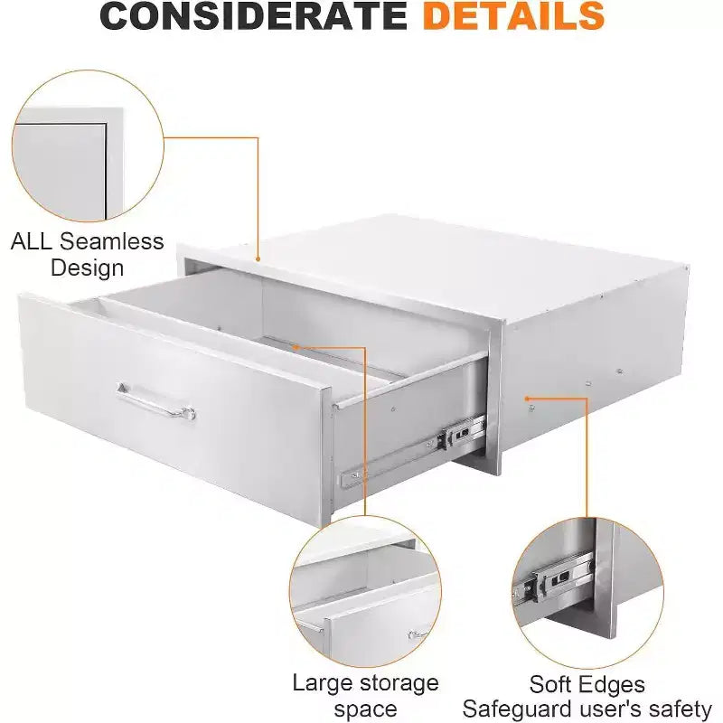 Cassetto per Cucina Esterna Acekool 30 L x 23 A x 10 P, Cassettiera a 2 Cassetti in Acciaio Inox da Incasso per Isola BBQ, Stazione Grill da Patio, Argento